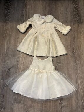 Blueberi Gold Ivory Tulle Party Dress with Textured Coat - Girls' Formal Set